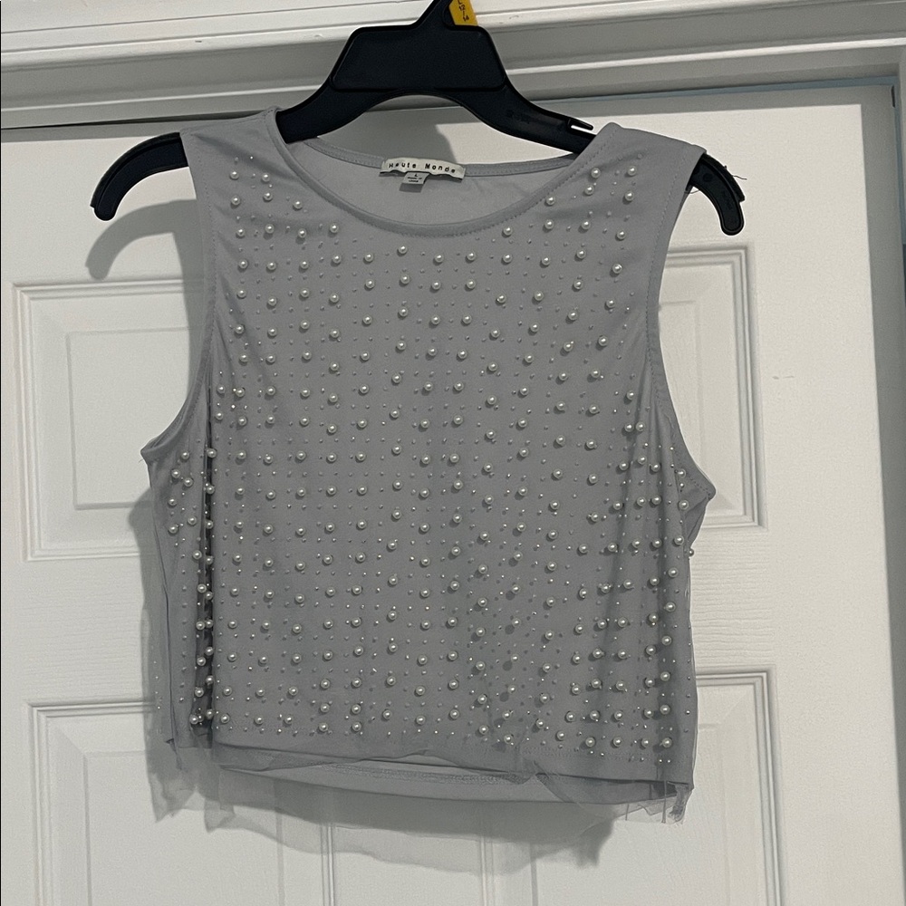 Haute Monde Gray Pearl Embellished Tank Top
